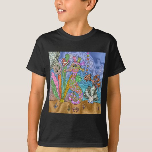 サイケデリック・タツノオトシゴ・ウミガメ・アート Tシャツ (正面)