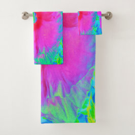 サイケデリック ピンクとレッドのハイビスカス フラワー バスタオルセット