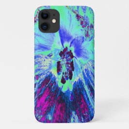 サイケデリック・レトロ・グリーンとブルーのハイビスカスの花 iPhone 11 ケース