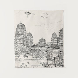 サイゴンパゴダベトナムシティスケープスケッチ タペストリー