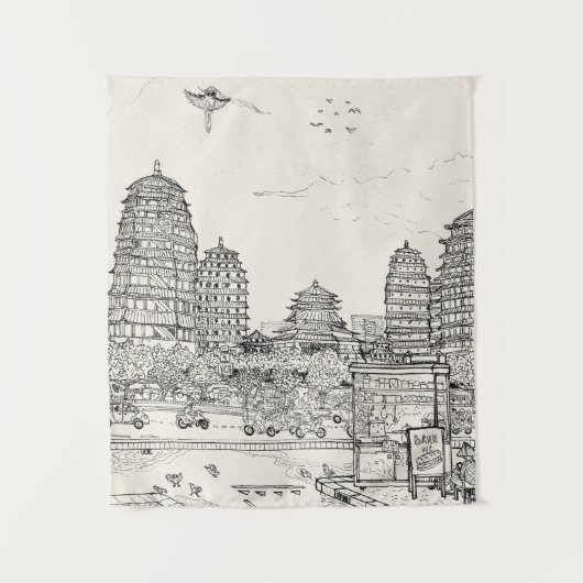 サイゴンパゴダベトナムシティスケープスケッチ タペストリー (正面)