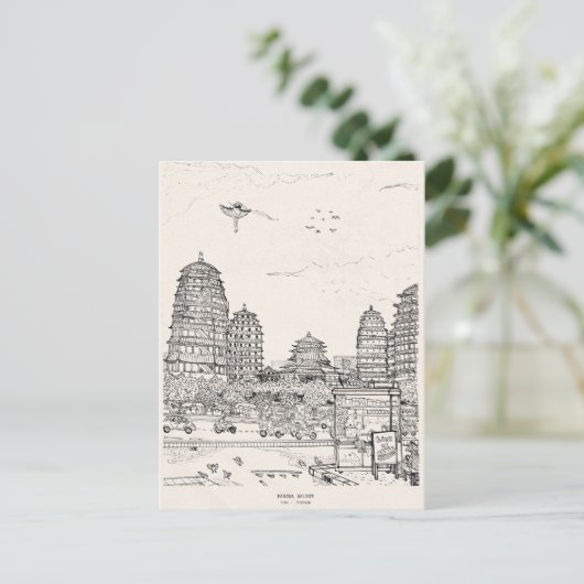 サイゴンパゴダベトナムシティスケープスケッチ ポストカード (スタンド正面)