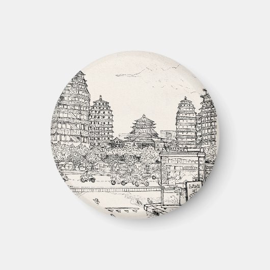 サイゴンパゴダベトナムシティスケープスケッチ マグネット (正面)