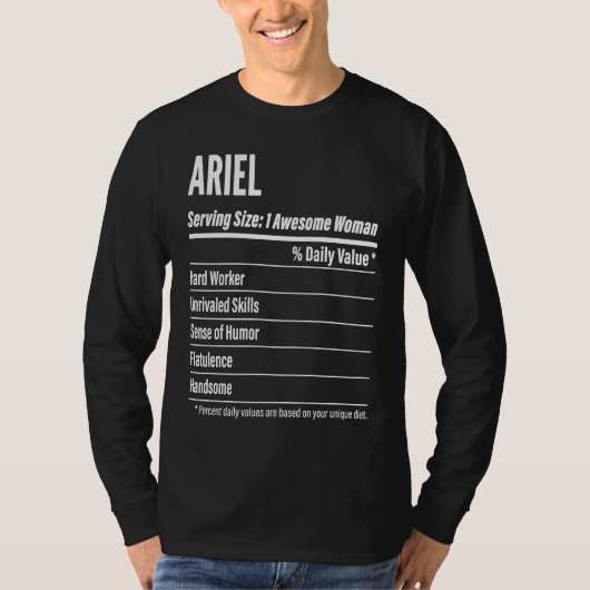 サイズのカロリーを提供するアリエル栄養学的事実 Tシャツ (正面)