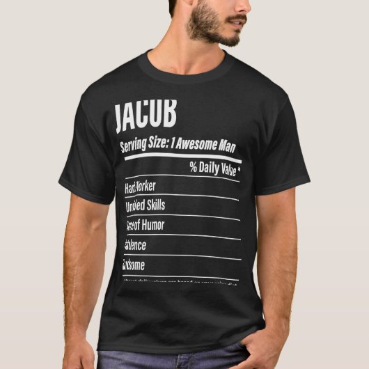 サイズのカロリーを提供するジェイコブ栄養事実 Tシャツ (正面)