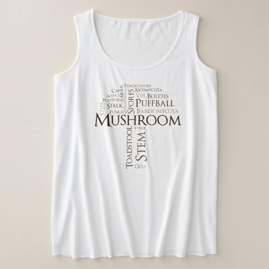 サイズのタンクトップ(ブラウンの文字)と単語のきのこ プラスサイズTシャツ (デザイン正面)