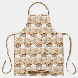 サイズ大ガーリー桃フローラバスケットプリントエプロン エプロン