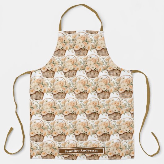 サイズ大ガーリー桃フローラバスケットプリントエプロン エプロン (正面)