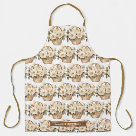サイズ大ガーリー桃フローラバスケットプリントエプロン エプロン
