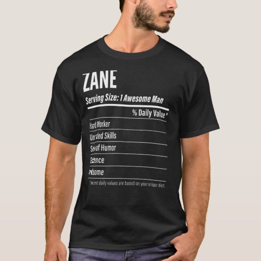 サイズ栄養ラベルのカロリーを提供するZane Tシャツ (正面)