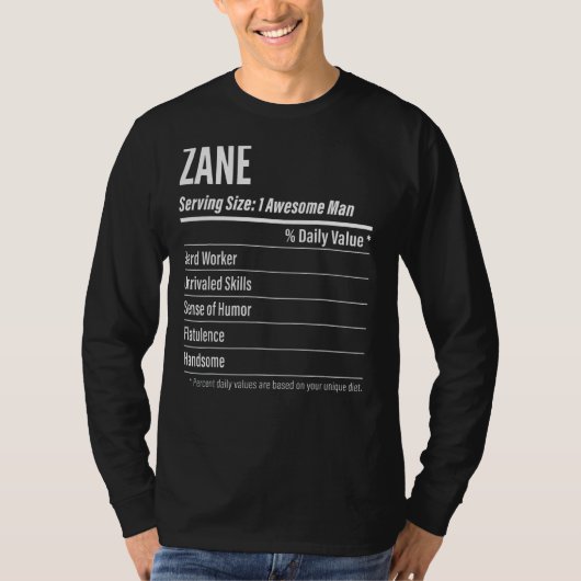 サイズ栄養ラベルのカロリーを提供するZane Tシャツ (正面)