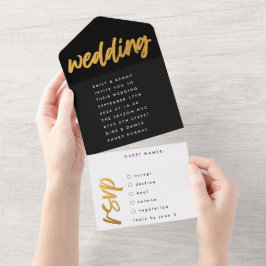 サイドウェイズブラックモダン金ゴールド結婚ズ オールインワン招待状