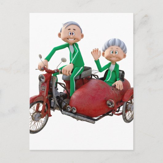 サイドカーでモデルになった老夫婦 ポストカード (正面)