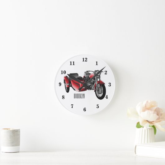 サイドカーバイカートゥーンイラストレーション ラウンド壁時計 (ホーム)