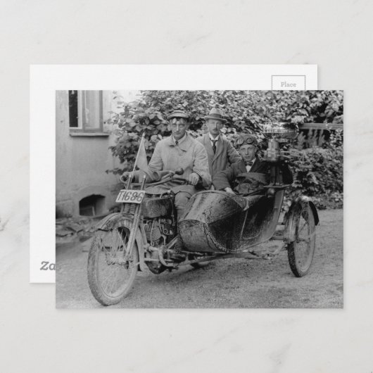 サイドカー付き古いヴィンテージB&W写真付きバイク ポストカード (正面/裏面)