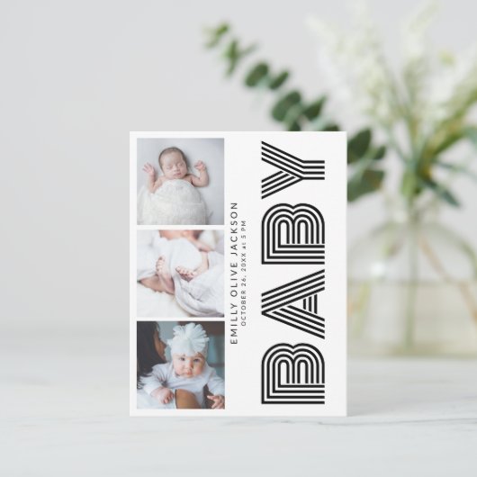 サイドスタイリッシュタイポグラフィ3フォトベビーありがとう ポストカード (スタンド正面)