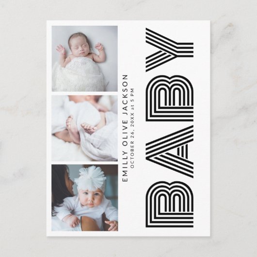 サイドスタイリッシュタイポグラフィ3フォトベビーありがとう ポストカード (正面)