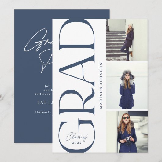 サイドタイポグラフィ卒業式2022 3フォトパーティーネイビー 招待状 (正面/裏面)