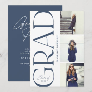 サイドタイポグラフィ卒業式2022 3フォトパーティーネイビー 招待状