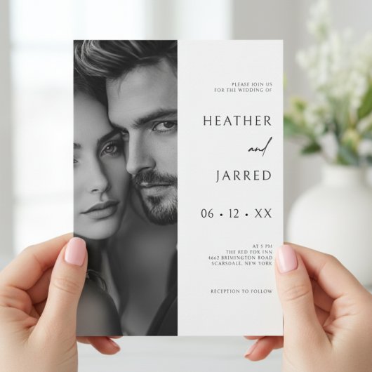 サイドモダンフォトブラック&ホワイトQRコー結婚ド 招待状