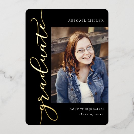 サイド書のフォイルの卒業編集可能カラー 箔招待状 (正面)