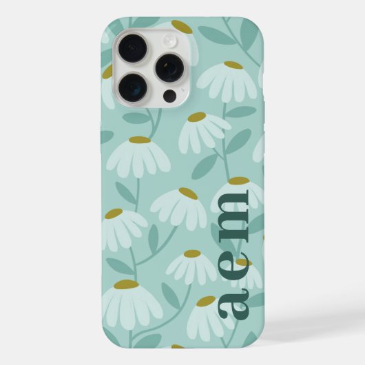 サイド モノグラムイニシャル ティールブルー 花柄 iPhoneケース (裏面)