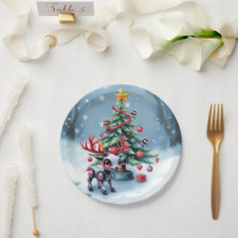 サイバーなトナカイとクリスマスツリー ペーパープレート