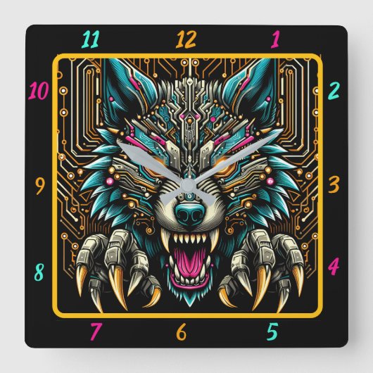 サイバーウルフ電気ネオンカラーアート スクエア壁時計 (正面)