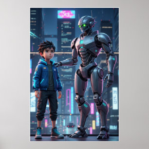 サイバーガーディアン SFロボットと子供のアートポスター ポスター