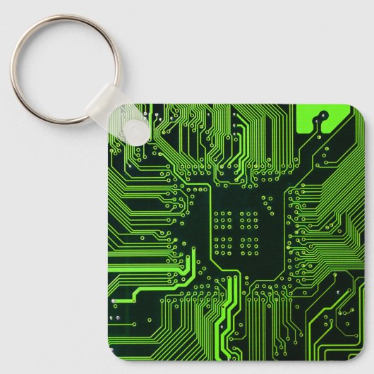 サイバーグリーンPCB回路基板トレースパターンアート キーホルダー (正面)