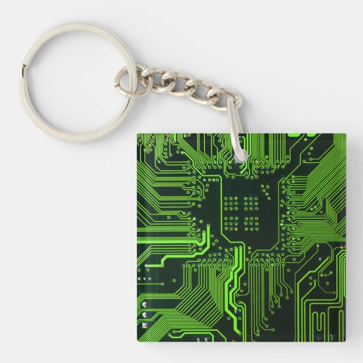 サイバーグリーンPCB回路基板トレースパターンアート キーホルダー (正面)
