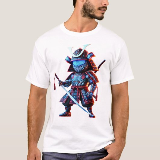 サイバーサムライネオン戦士の未来的な戦いのティー Tシャツ (正面)