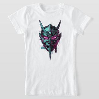 サイバーサムライ鬼マスク - フューチャリスティックシンスウェイブグラフィック Tシャツ