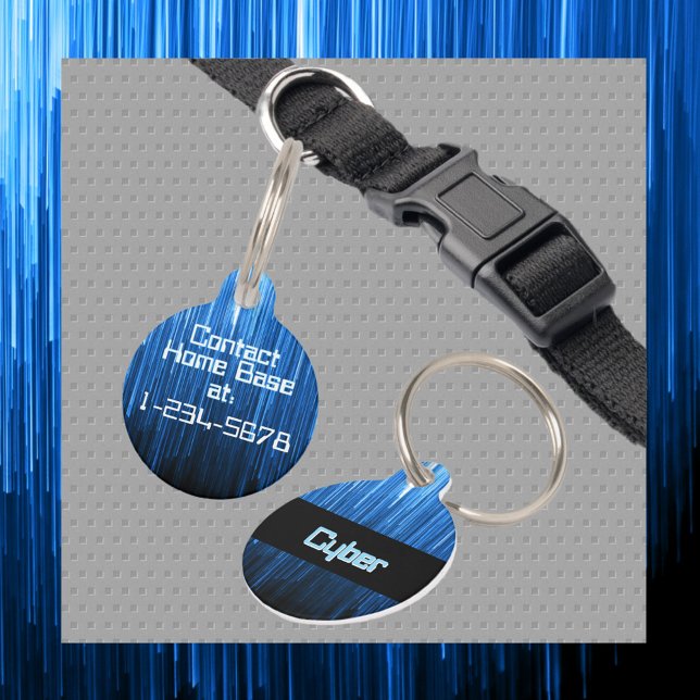 サイバースペーステクノブルーとブラックパーソナライズされた ペット　ネームタグ (クリエイターアップロード済み)