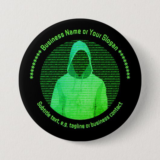 サイバーセキュリティをテーマにしたフード付き男:トレードショープロモーション 缶バッジ (正面)