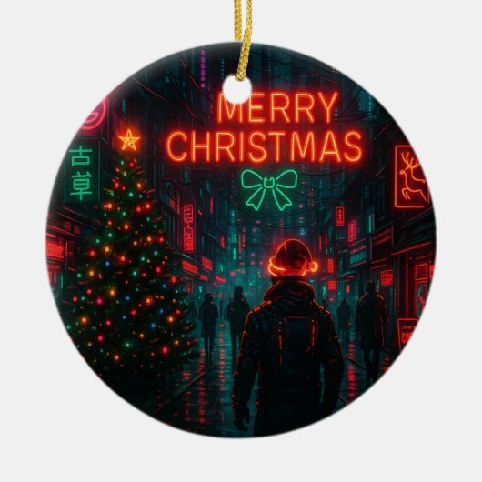 サイバーパンクなクリスマスの街 セラミックオーナメント (正面)