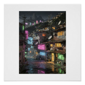 サイバーパンクなリオデジャネイロの夜景 - ネオンに輝くファヴェーラ S ポスター