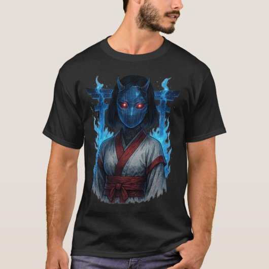 サイバーパンクのおに娘と鳥居の門 Tシャツ (正面)