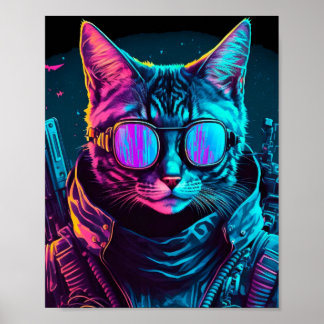 サイバーパンクのネオンたそがれ猫 ポスター