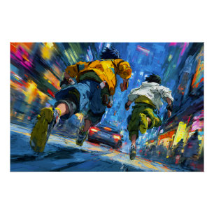 サイバーパンクのランナー ネオンの雨のチェイスアクション ポスター