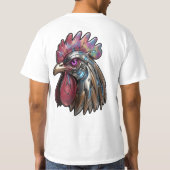 サイバーパンクの雄鶏 虹色のメカニカルアート Tシャツ (裏面)