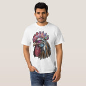 サイバーパンクの雄鶏 虹色のメカニカルアート Tシャツ (正面フル)
