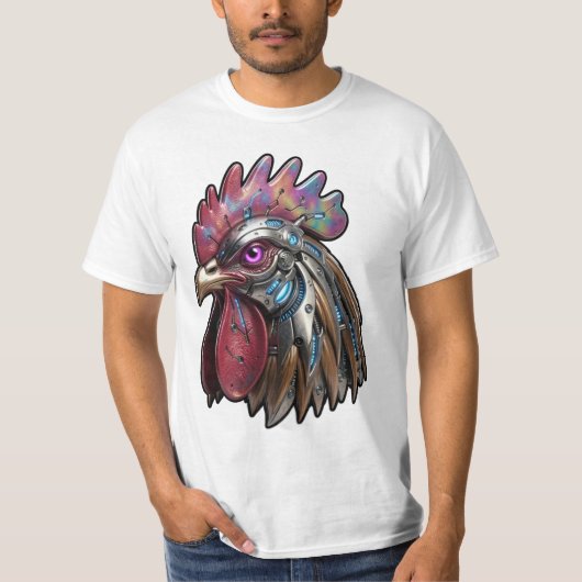 サイバーパンクの雄鶏 虹色のメカニカルアート Tシャツ (正面)