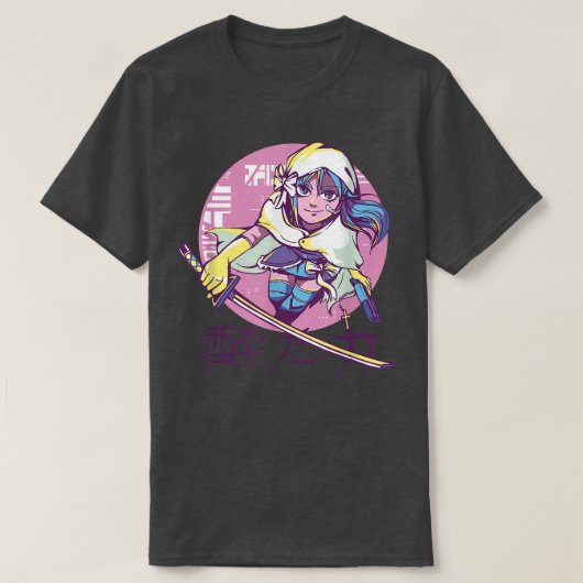 サイバーパンクアニメ戦士ガールレトロ漢字日本の Tシャツ (デザイン正面)