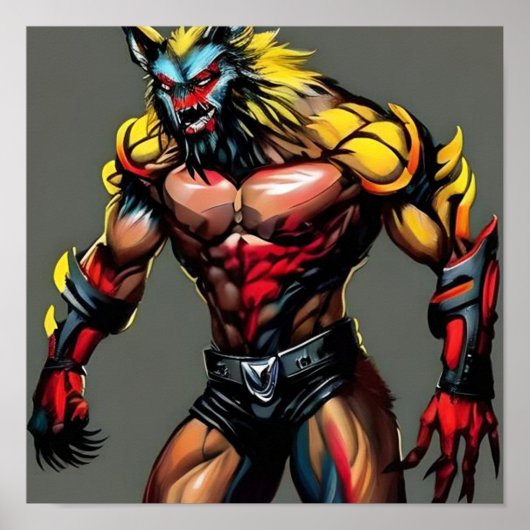 サイバーパンクウルフデジタルアート – ネオン未来的ウルフ ポスター (正面)