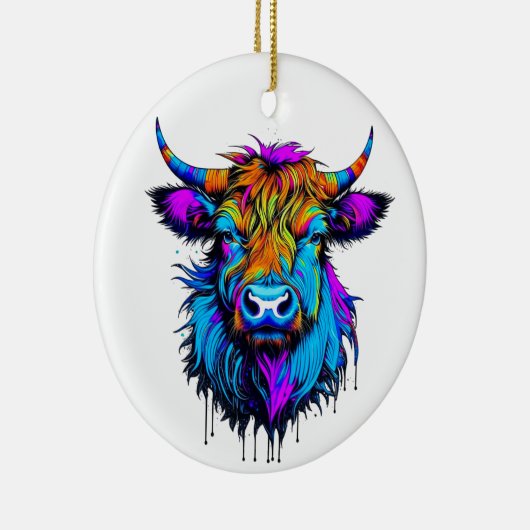 サイバーパンクカラフルアイハイランドカウクリスマス セラミックオーナメント (右)