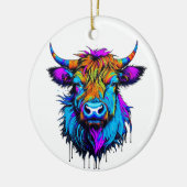 サイバーパンクカラフルアイハイランドカウクリスマス セラミックオーナメント (左)