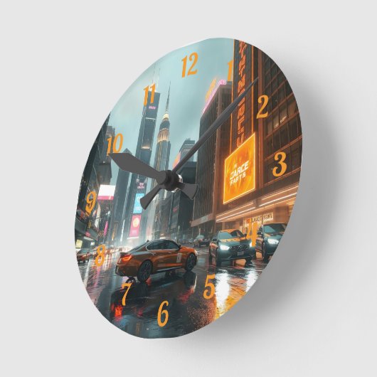 サイバーパンクシティ高層ビル車 ラウンド壁時計 (傾斜)