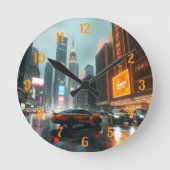 サイバーパンクシティ高層ビル車 ラウンド壁時計 (正面)