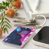 サイバーパンクスタイルKeでヘッドセットを着たアニメ少女 キーホルダー (正面右)